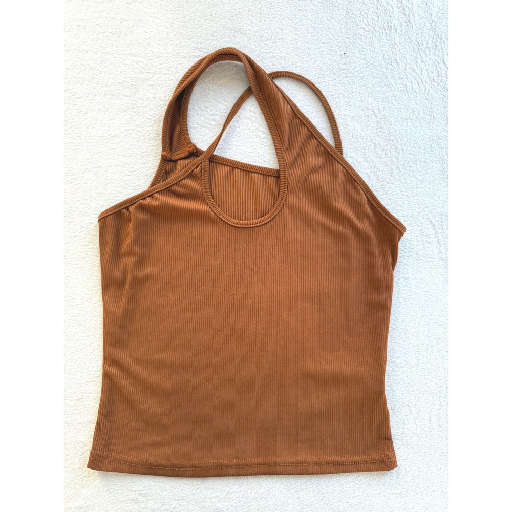 Ribbed Tank Top Womens Small Brown Asymmetrical Cutout Strappy Knit Camisole